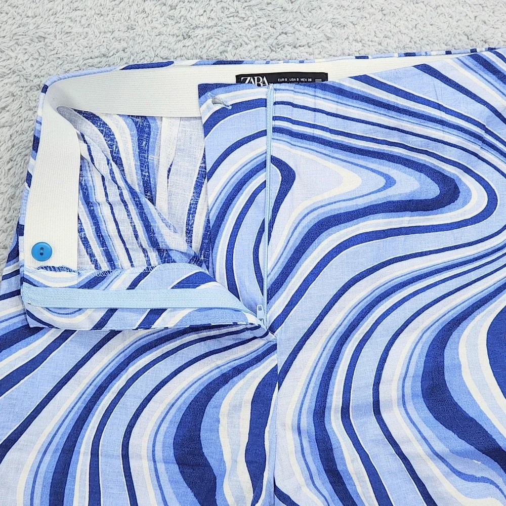 ZARA Womens Linen Blend Pants Sz S Split Hem Blue White Swirl Print Retro Wide
